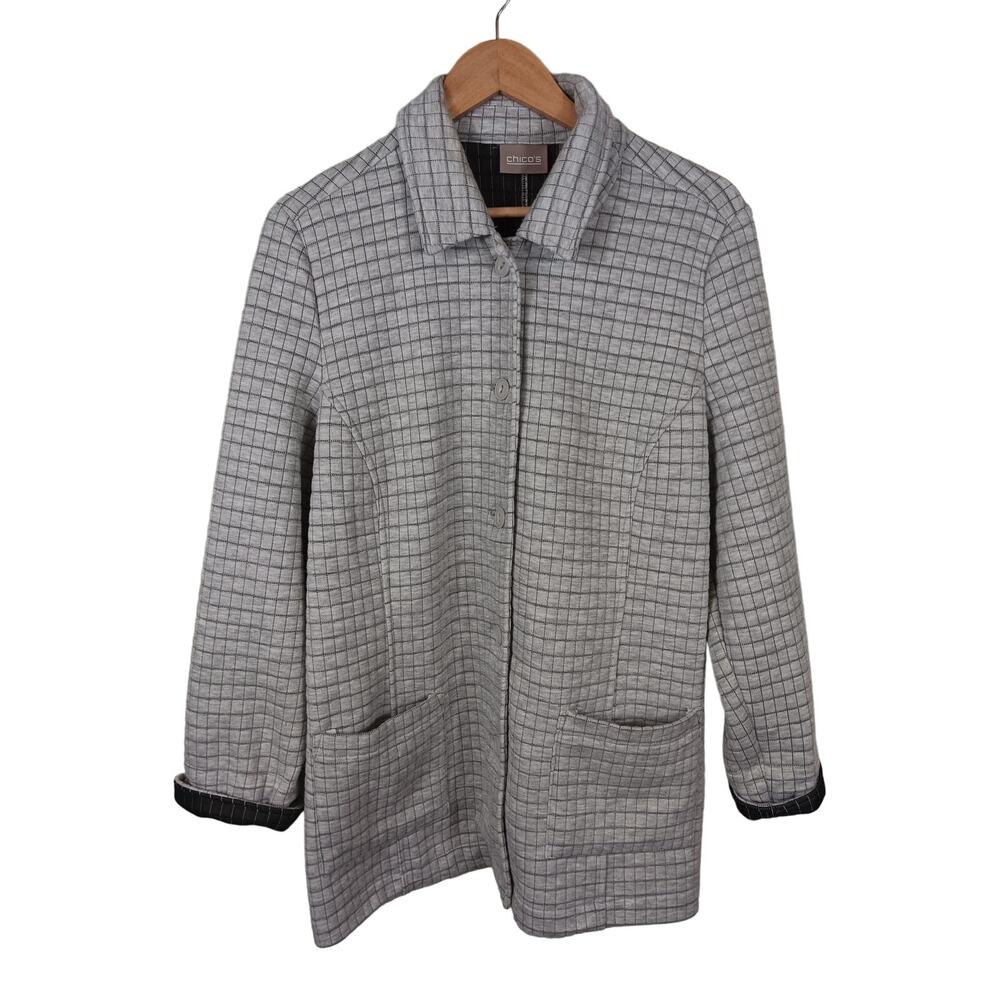 Chico's Waffle Duster Jacket Women Size 2 Window Pane Soft Knit Feel Winter Coat
